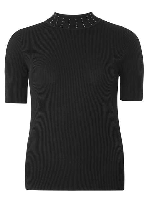 Black Beaded High Neck Knitted T-Shirt